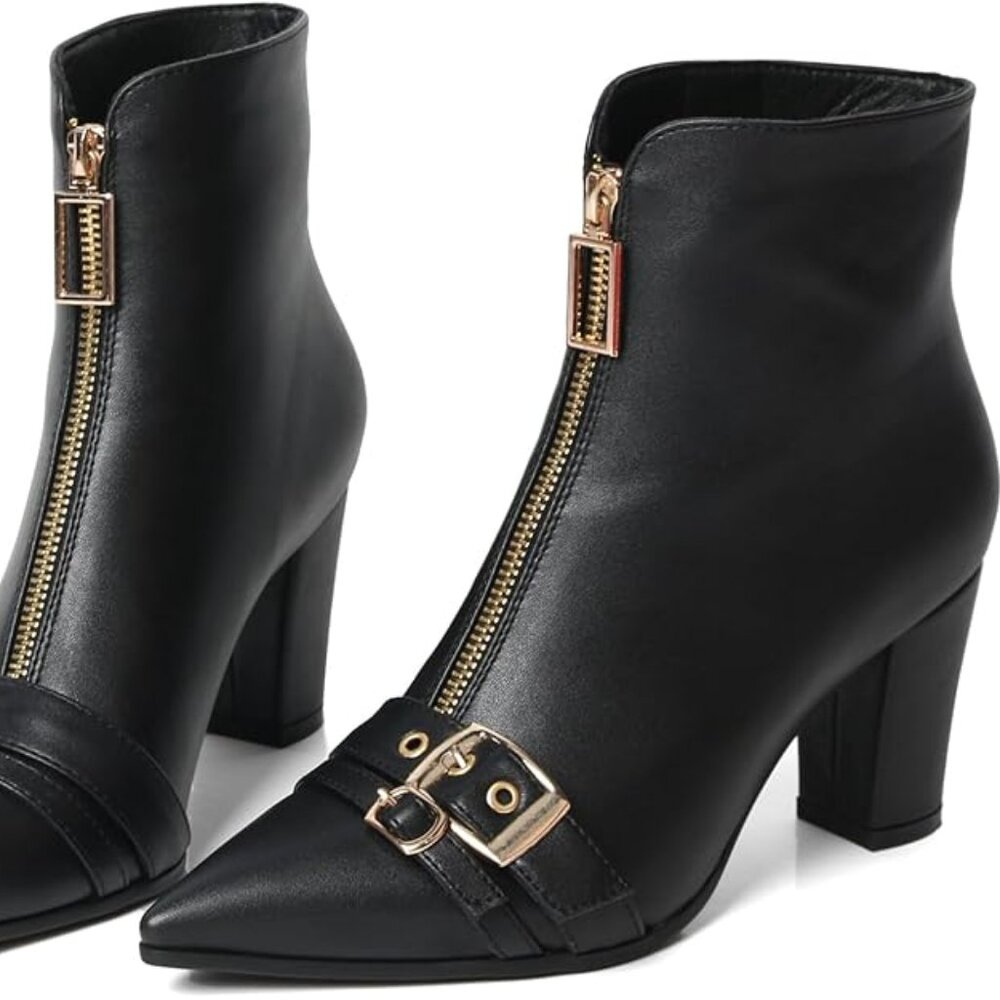 Pointed Toe Kitten Heel Boots-Women Black Booties Rivets Ankle Boot Fashion Shoe - Picture 3 of 5